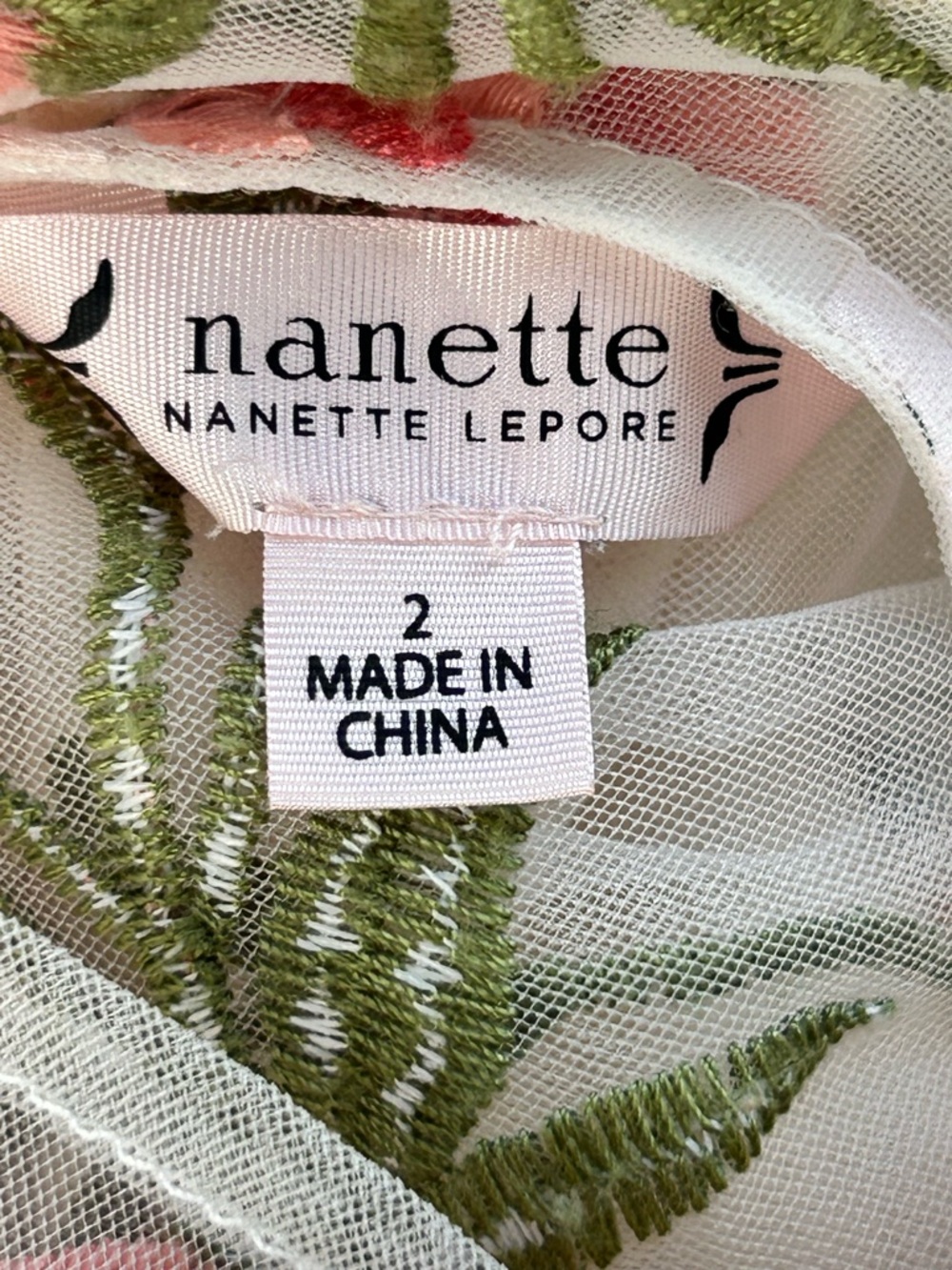 Nanette Lepore Sheer Floral Embroidered Overlay Dress in Ivory & Green | Size 2
